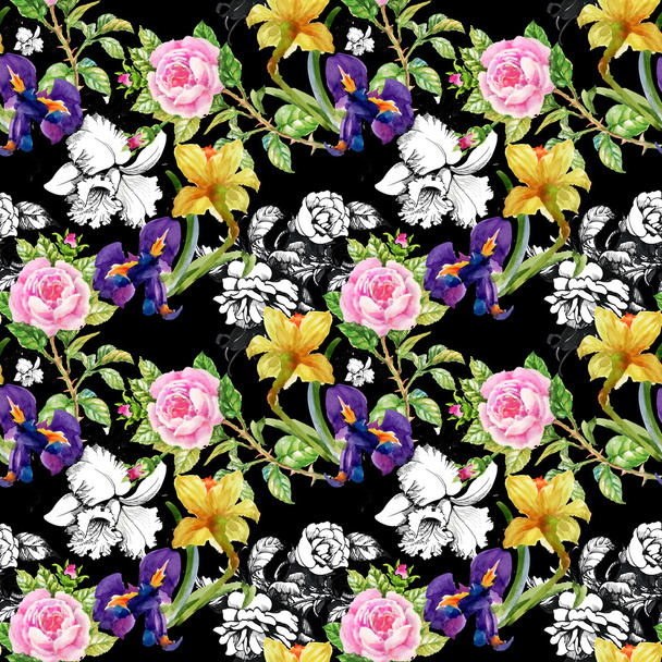 narcissus, irises and roses pattern - Foto, afbeelding