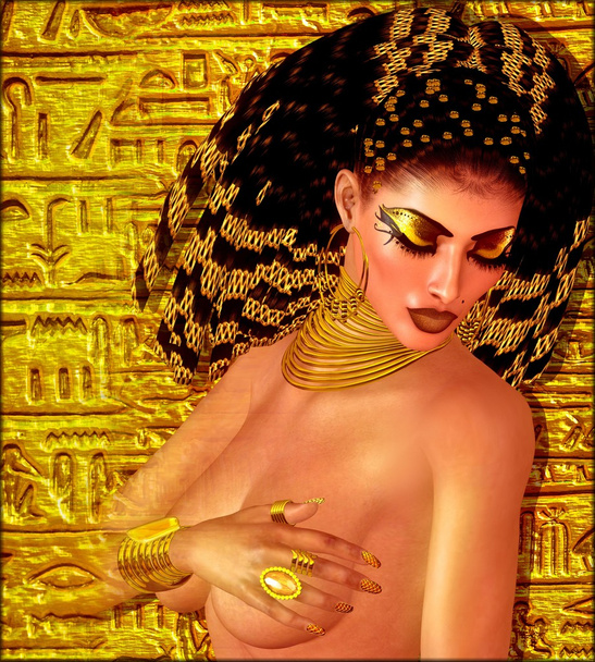Egyptische vlechten, kralen, schoonheid en goud gewikkeld in onze digitale kunst fantasie scène. - Foto, afbeelding