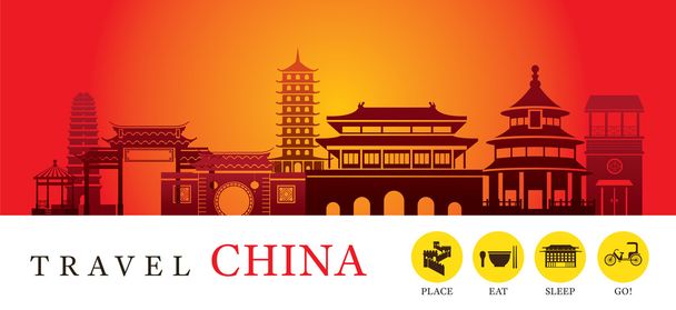 Ταξίδια Κίνα πόλη σιλουέτα με εικονίδια - Διάνυσμα, εικόνα