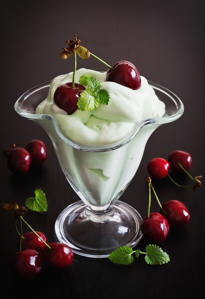 whipped cream with fresh cherries - Photo, Image