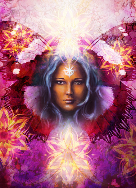 Güzel resim Tanrıça kadın süs mandala ve kelebek kanatları ve renk arka plan ve göz teması ile. - Fotoğraf, Görsel