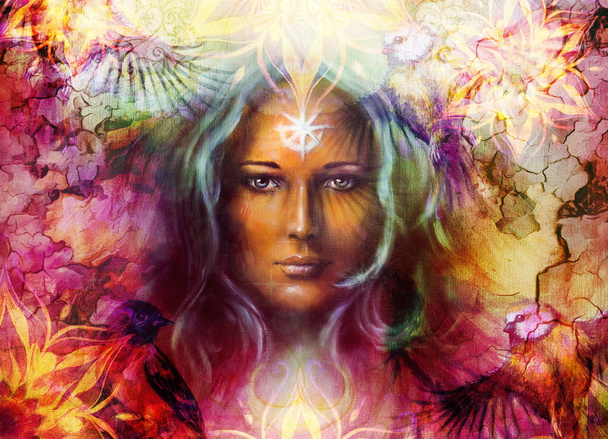 Belle peinture déesse femme avec mandala ornemental et couleur fond abstrait et oiseau
. - Photo, image