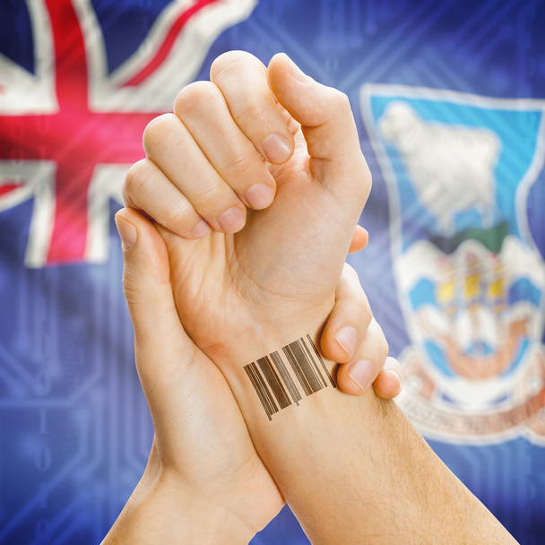 Barcode ID number on wrist and national flag on background series - Falkland Islands - Foto, Imagen
