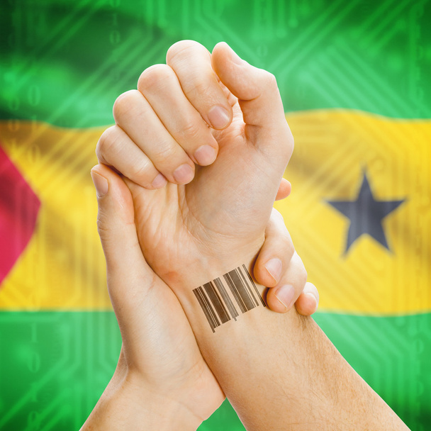 Barcode ID number on wrist and national flag on background series - Sao Tome and Principe - Foto, Imagen