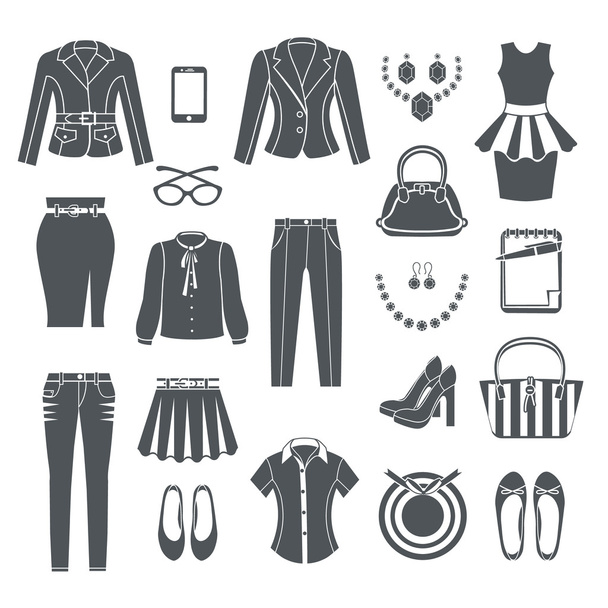 Mulher moderna roupas ícones pretos
 - Vetor, Imagem