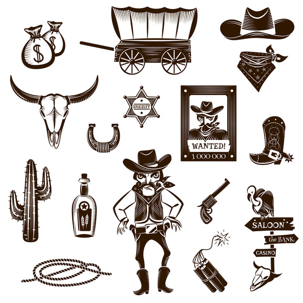 Cowboy Black White Icons Set - Wektor, obraz
