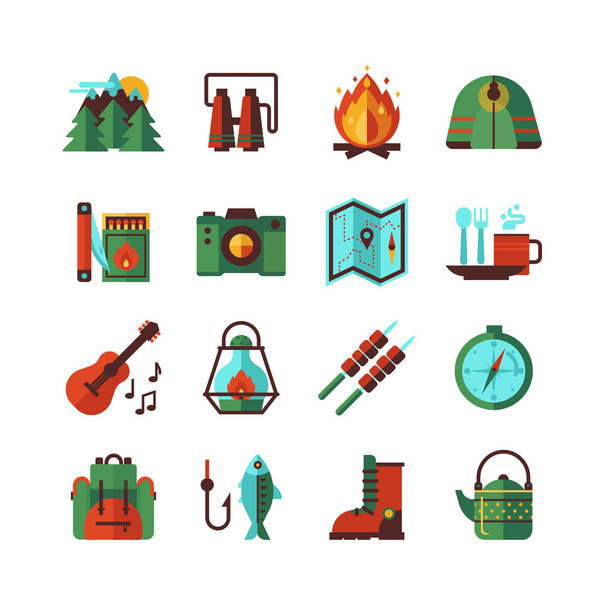 Camping Hiking Flat Icons Set - Διάνυσμα, εικόνα