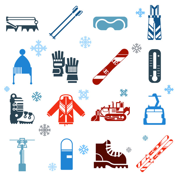 Flache monochrome Ski-Ikonen mit Schneeflocken - Vektor, Bild