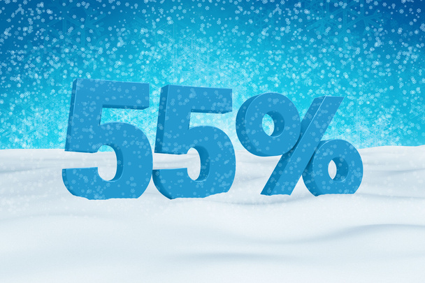 Синій 3d 55% текст на білому сніговому тлі для зимових рекламних кампаній. Див. повний набір для інших чисел
. - Фото, зображення