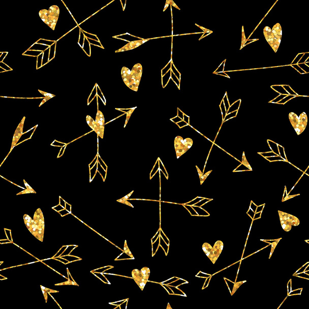 Valentine's Day Heart Gold Glitter Pattern - Seamless Background - Vektör, Görsel