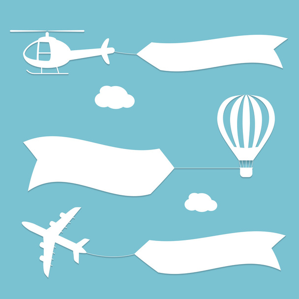 Plane, air balloon and helicopter flying with advertising banners. - Vector, Image