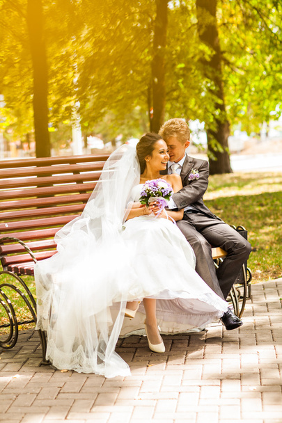 beautiful wedding couple in park. kiss and hug each other - Fotoğraf, Görsel