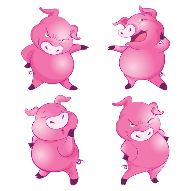 Cute pigs cheerful  funny dancing many actions - Vector, Image