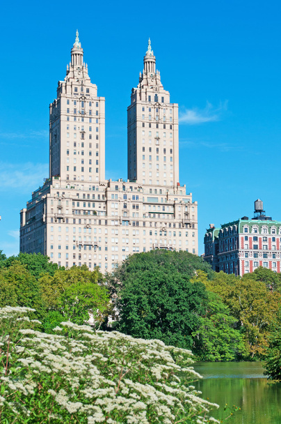 New York City: virágok és tó a Central Parkban, kilátással a San Remo (145 Central Park West), a luxus, 27 emelet, kooperatív apartman épület Manhattanben megnyílt 1930 - Fotó, kép