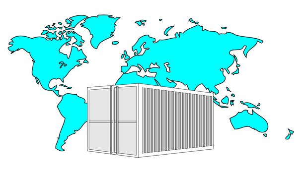 Abbildung eines 40-Fuß-Seecontainers aus Metall mit hellblauer Weltkarte  - Vektor, Bild
