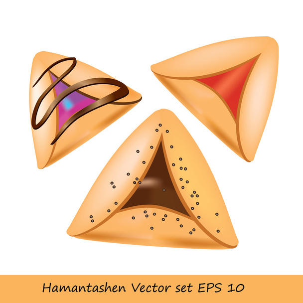 Purim cookie set - Hamantashen cookies. Jewish festive food for Purim holiday. Vector illustration of 3 various cookies named Amman Oznei (Aman ears). Cookies with red jam, chocolate. - Διάνυσμα, εικόνα