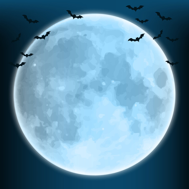 λαμπερό μπλε φεγγάρι, σε σκούρο μπλε φόντο με νυχτερίδες - Διάνυσμα, εικόνα