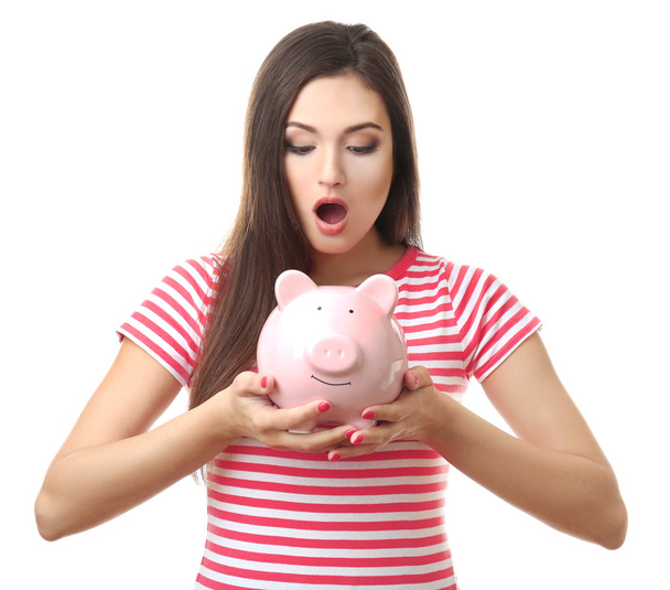 Woman with pig money box  - Фото, зображення