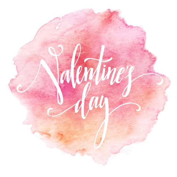 Handwritten Valentines Day calligraphy on red grungy watercolor stain background.  Vector illustration - Vector, Image