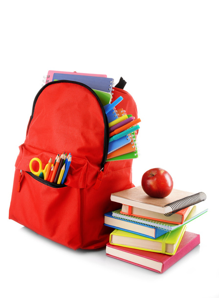 Red backpack with books and apple - 写真・画像