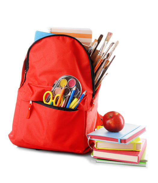 Red backpack with books and apple - Fotó, kép