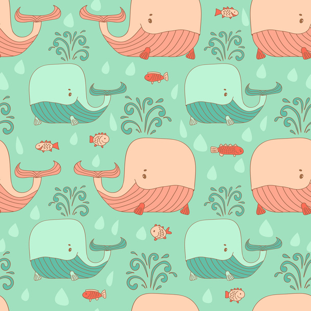 Stylish seamless texture with doodled cartoon whale in pink and  - Vecteur, image
