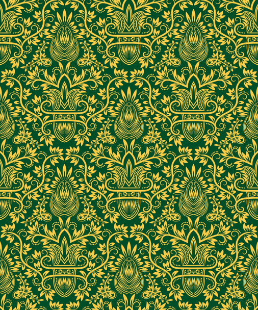 Golden green floral damask seamless pattern - Vector, Imagen