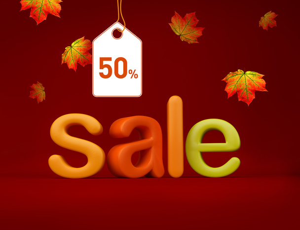 Autumn sale campaign concept with tag with 50% text on it. Can be used for early and late fall campaigns. - Fotografie, Obrázek
