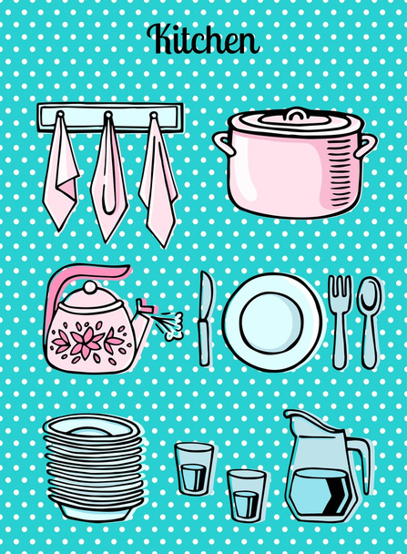 Kitchen tools on a turquoise background vector - Vector, Image
