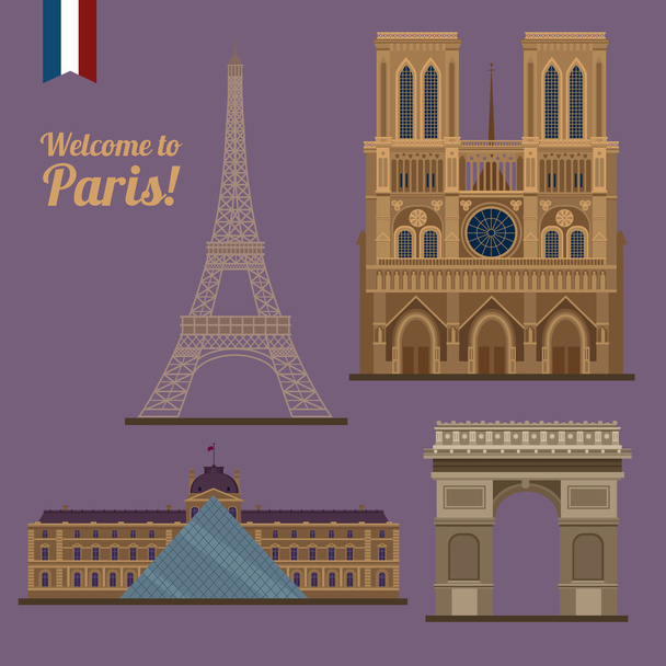 パリ旅行を設定します。有名な場所 - エッフェル塔、ルーブル美術館、ノートルダム寺院 - ベクター画像