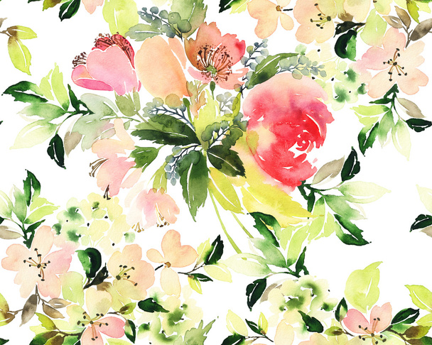 Seamless pattern with flowers watercolor. Gentle colors. - Fotoğraf, Görsel