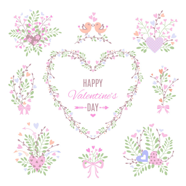 Set of floral elements for your Valentine's Day or Wedding design.  - Vector, afbeelding