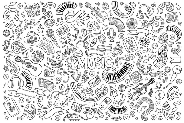 skizzenhafte Vektor handgezeichnete Doodles Cartoon-Set von Musik-Objekten - Vektor, Bild