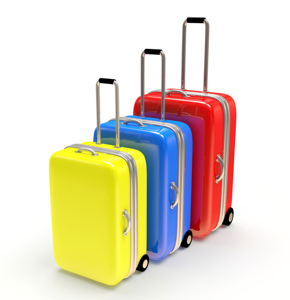 Set of colorful travel suitcases isolated on white background - Фото, изображение
