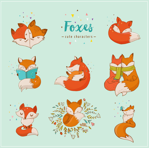 Fox karakterler, sevimli, güzel çizimler - Vektör, Görsel