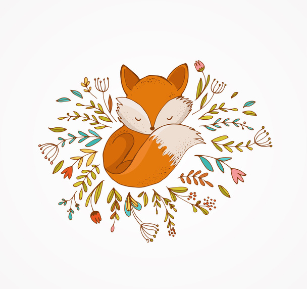 Αλεπού που κοιμάται σχετικά με τα λουλούδια - όμορφη εικονογράφηση και κάρτα - Διάνυσμα, εικόνα