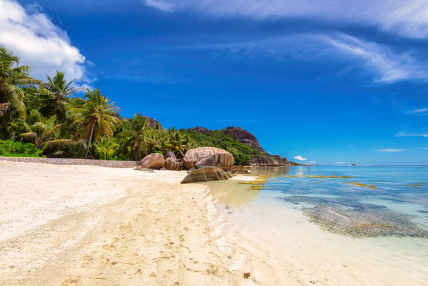 Belle plage avec rochers de granit et palmiers aux Seychelles, La Digue
. - Photo, image