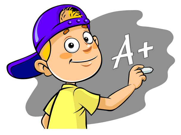 Criança dos desenhos animados escrevendo A + grau
 - Vetor, Imagem