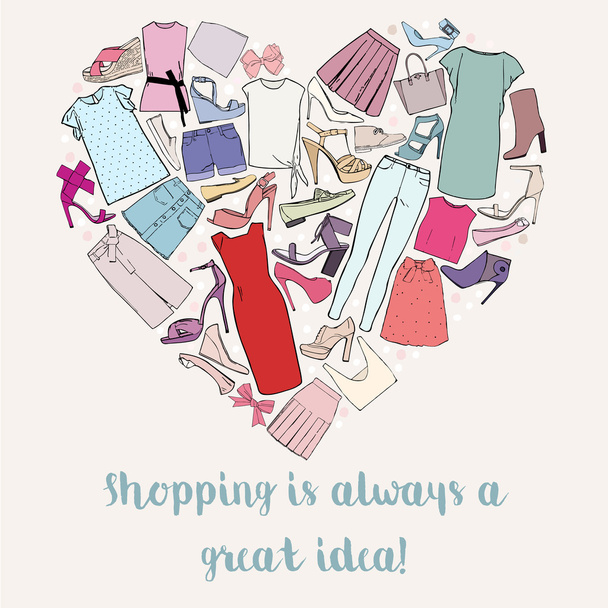 Shopping is always a great idea, heart of women clothing, shoes and bows. Vector - Vector, Image