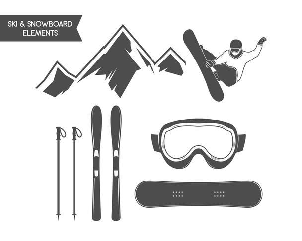 Winter sports elements. Snowboard, ski symbols. Outdoor adventure icon. Travel hand drawn and hipster monochrome insignia for logo, infographics, labels, badges. Camping emblem. Wilderness Vector - Vektör, Görsel