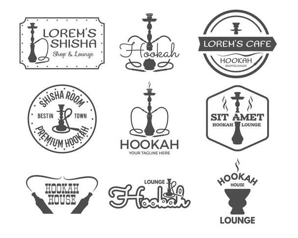 Hookah labels, badges and design elements collection. Vintage monochrome shisha logo. Lounge cafe emblems.  Arabian bar or house, shop. Isolated vector illustration. - Vector, imagen