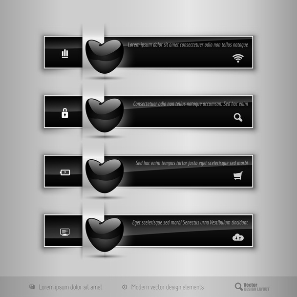 Black  tabs with  glossy heart. Modern vector design elements. - Vector, Image