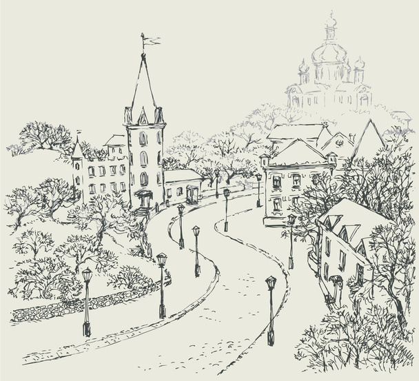 szkic wektor krajobrazu miasta starej ulicy - Wektor, obraz