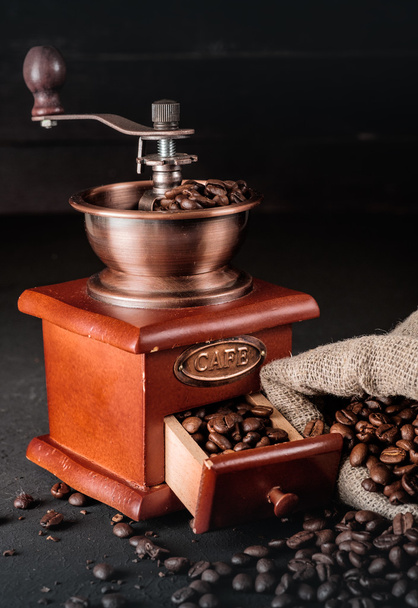 Coffee beans in jute bags with coffee grinder - Foto, Imagem