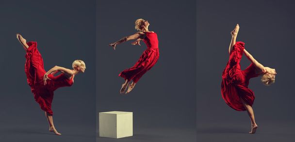 Прекрасная молодая балетная танцовщица в красном платье над тёмно-серой ба
 - Фото, изображение