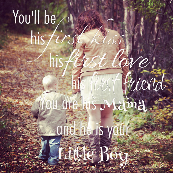 instagram of young mother walking with son in forest with quote - Photo, Image