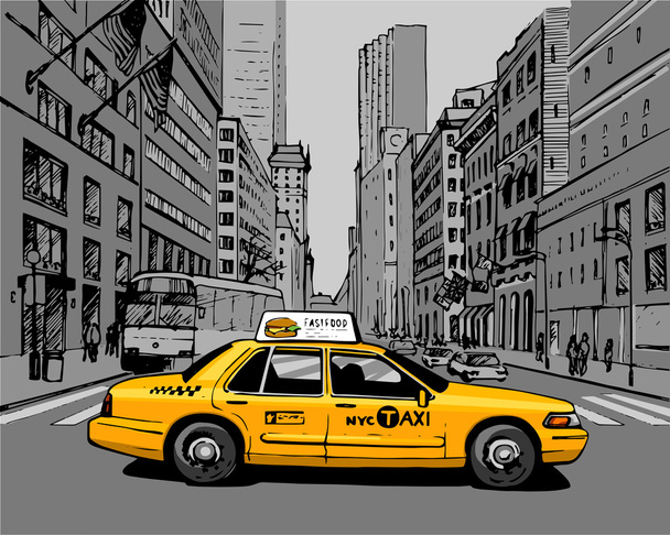 Sárga Taxi a város utca - Vektor, kép