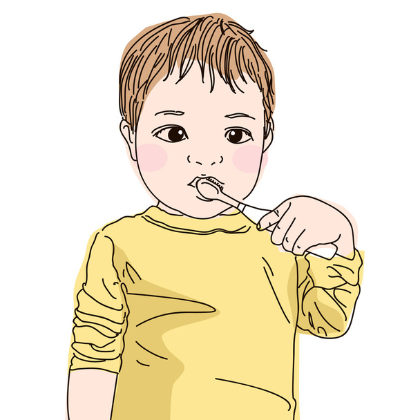 Şirin Bebek fırçalarken, diş fırçası ile küçük oğlu - Vektör, Görsel