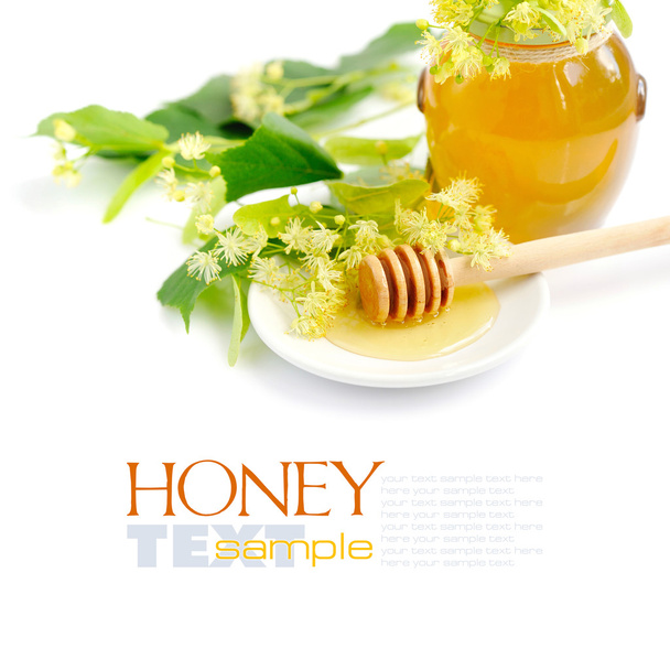 Honey dipper with honey with flowers of linden on white saucer - Photo, Image