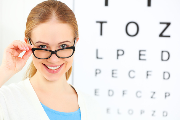 eyesight check. woman in glasses at doctor ophthalmologist optic - Foto, imagen